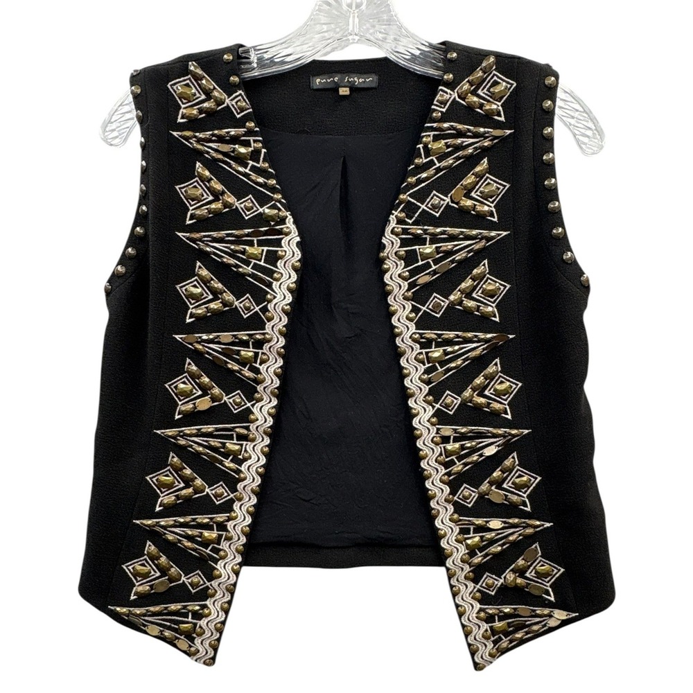 Pure Sugar Black Embellished Studded Boho Western Open Front‎ Vest Chic XS